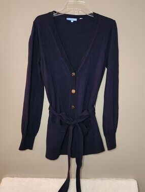 Draper James Navy V-Neck Tie-Waist Cardigan Sweater Size Medium